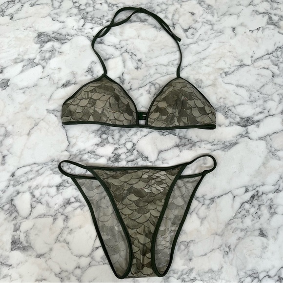 Roberto Cavalli olive green metallic mermaid print two piece string bikini swim - Picture 3 of 14